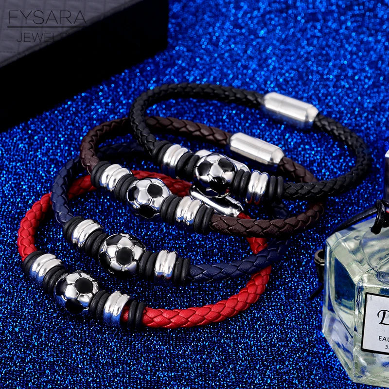 Casual Sport Football Charm Bracelets for Women Men Player Soccer Fan'S Leather Rope Bracelet Stainless Steel Jewelry