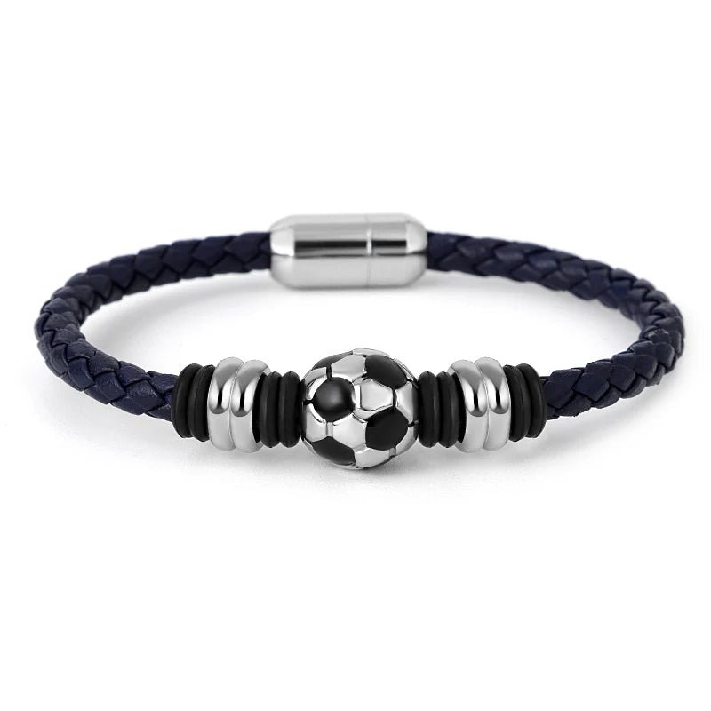 Casual Sport Football Charm Bracelets for Women Men Player Soccer Fan'S Leather Rope Bracelet Stainless Steel Jewelry