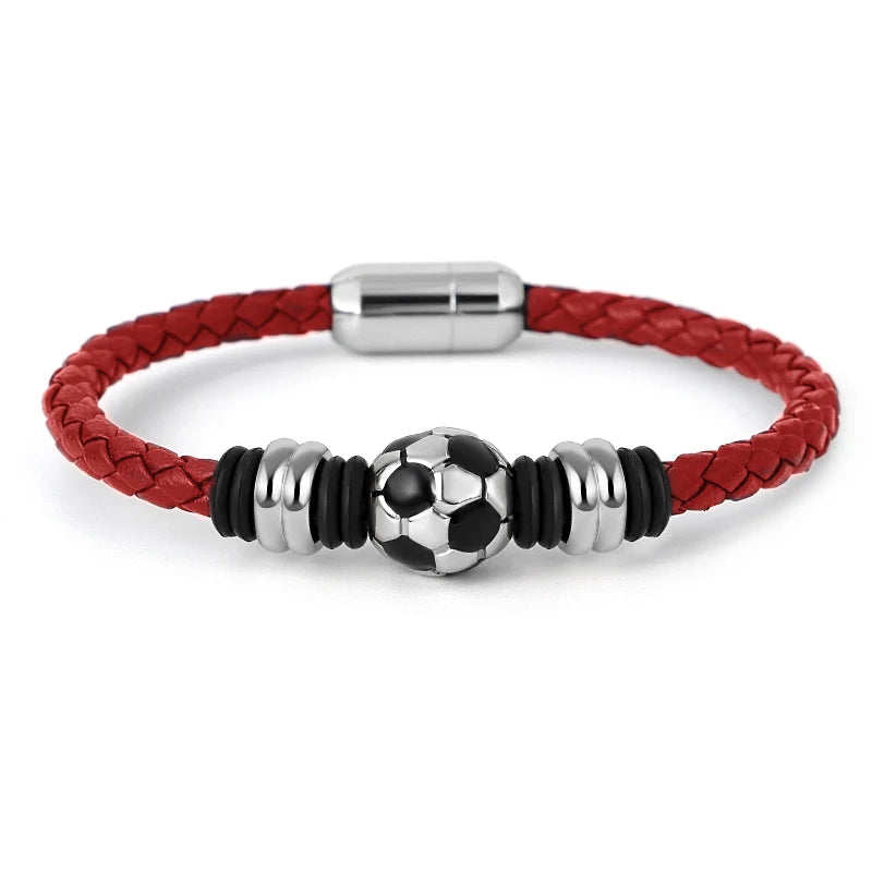 Casual Sport Football Charm Bracelets for Women Men Player Soccer Fan'S Leather Rope Bracelet Stainless Steel Jewelry