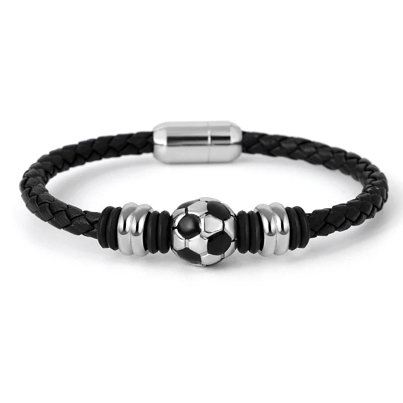 Casual Sport Football Charm Bracelets for Women Men Player Soccer Fan'S Leather Rope Bracelet Stainless Steel Jewelry