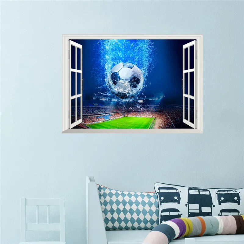 3D Window Blue Football Soccer Wall Stickers for Kids Rooms Living Room Bedroom Wall Decals Boys Room Decoration Gift
