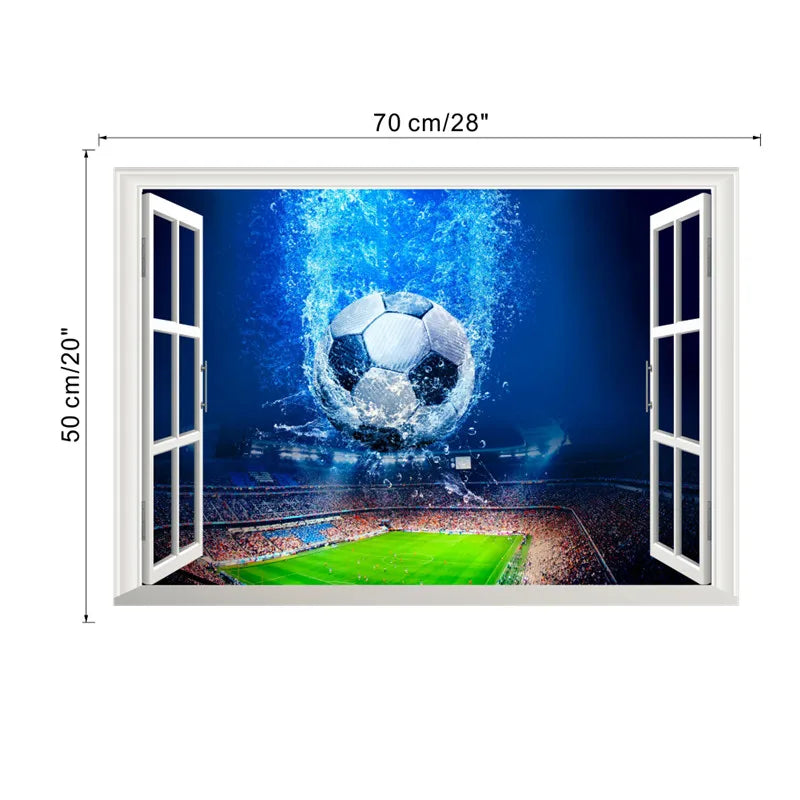 3D Window Blue Football Soccer Wall Stickers for Kids Rooms Living Room Bedroom Wall Decals Boys Room Decoration Gift