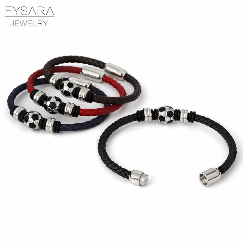 Casual Sport Football Charm Bracelets for Women Men Player Soccer Fan'S Leather Rope Bracelet Stainless Steel Jewelry