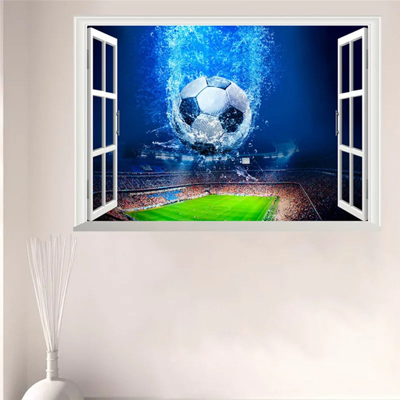 3D Window Blue Football Soccer Wall Stickers for Kids Rooms Living Room Bedroom Wall Decals Boys Room Decoration Gift