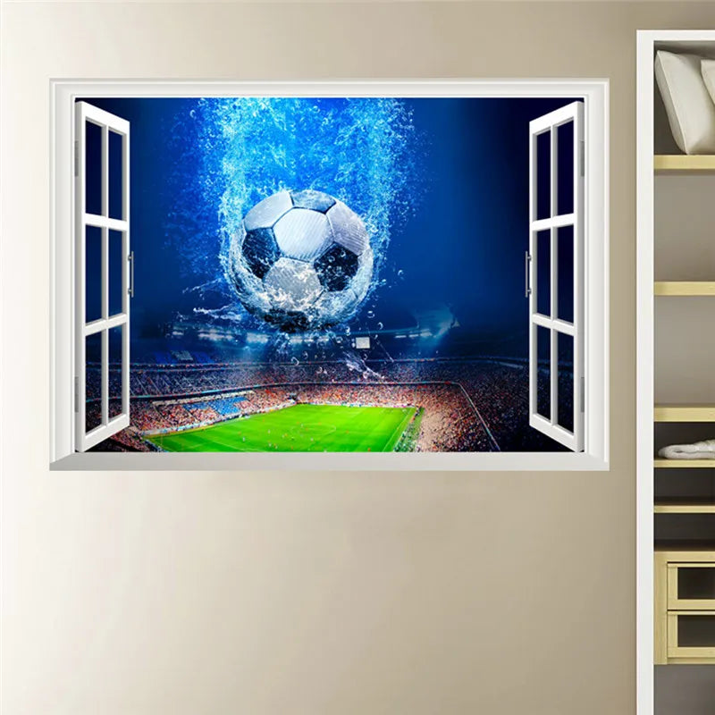 3D Window Blue Football Soccer Wall Stickers for Kids Rooms Living Room Bedroom Wall Decals Boys Room Decoration Gift