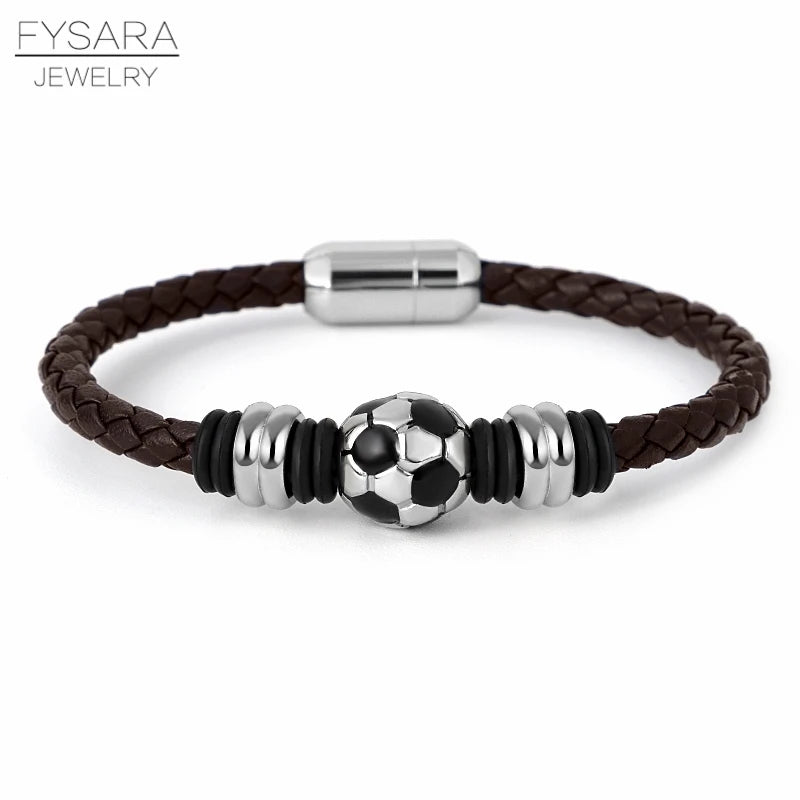 Casual Sport Football Charm Bracelets for Women Men Player Soccer Fan'S Leather Rope Bracelet Stainless Steel Jewelry