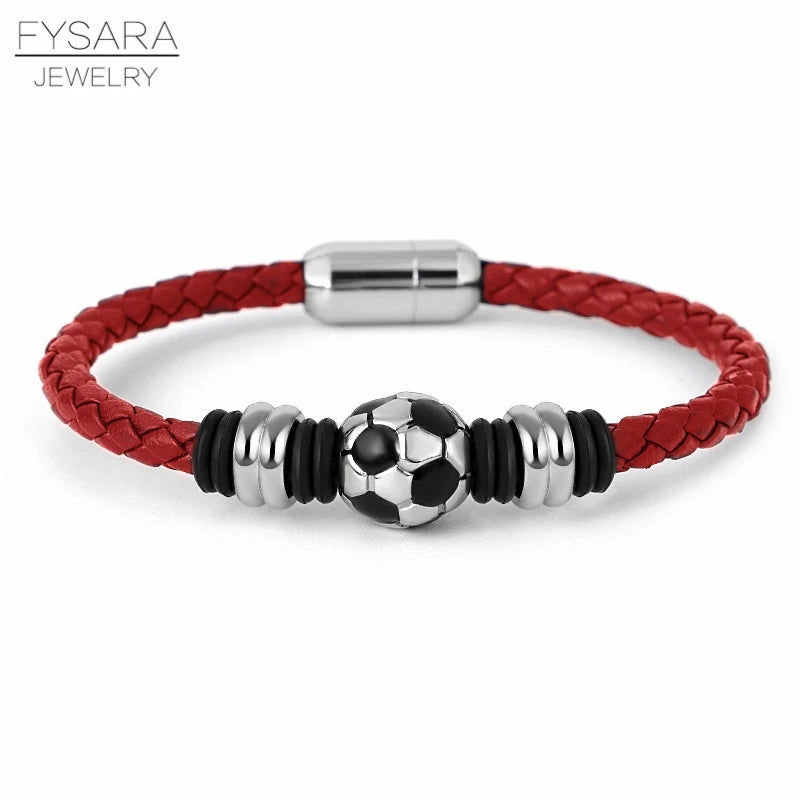 Casual Sport Football Charm Bracelets for Women Men Player Soccer Fan'S Leather Rope Bracelet Stainless Steel Jewelry