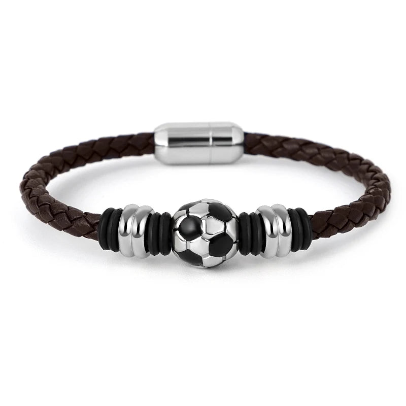 Casual Sport Football Charm Bracelets for Women Men Player Soccer Fan'S Leather Rope Bracelet Stainless Steel Jewelry