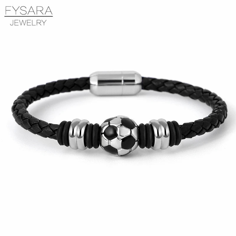 Casual Sport Football Charm Bracelets for Women Men Player Soccer Fan'S Leather Rope Bracelet Stainless Steel Jewelry
