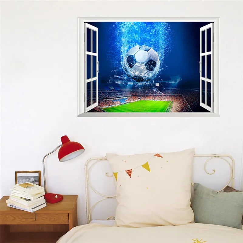3D Window Blue Football Soccer Wall Stickers for Kids Rooms Living Room Bedroom Wall Decals Boys Room Decoration Gift